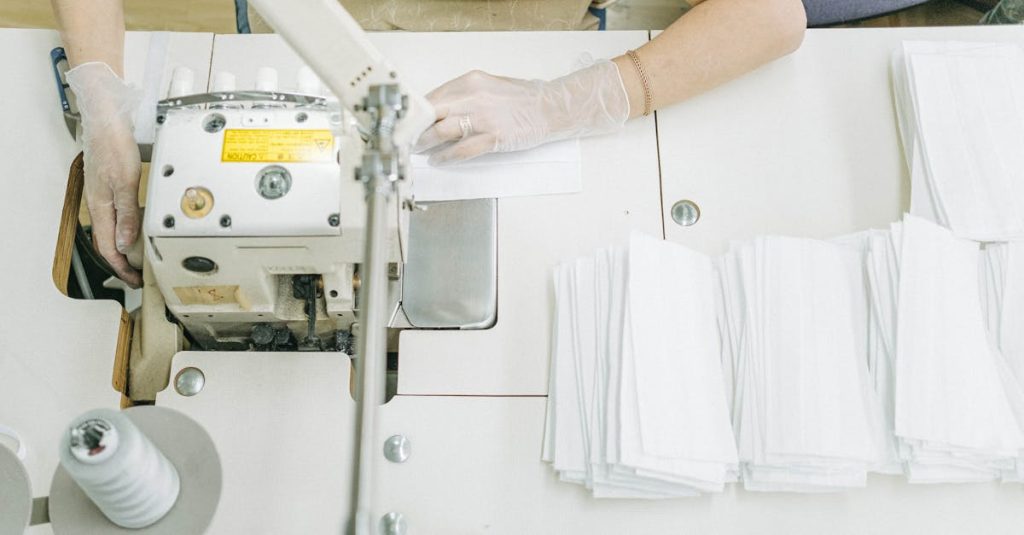Overhead view of a person sewing white fabric using an industrial sewing machine indoors.